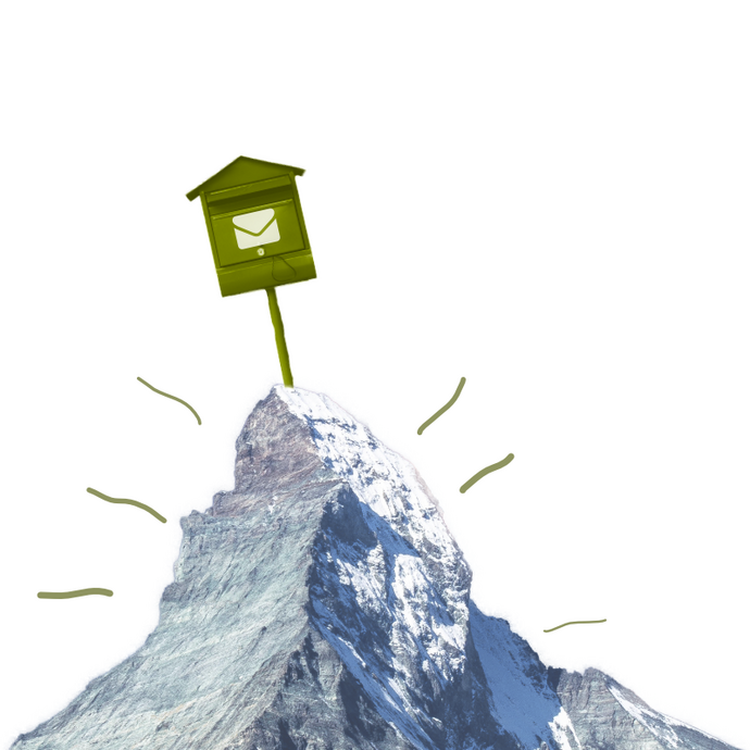Das Bild zeigt einen Berg mit einem E-Mail-Postkasten am Berggipfel, der für den Erfolg und die Zukunft des E-Mail Marketings steht.